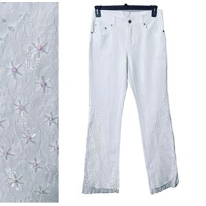 Y2K Womens Fairycore Jeans Size‎ 8 Beaded Lace Hem Wide Leg 70s Flare Pin…